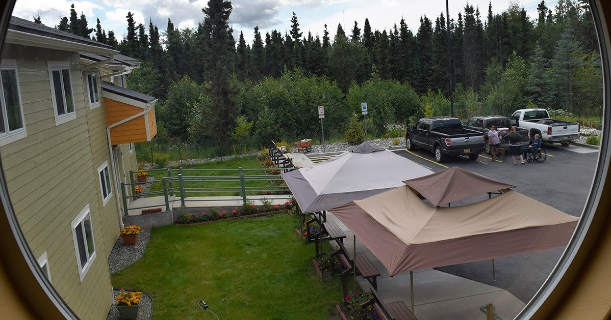 An outdoor area with canopies overlooking a green lawn and trees.