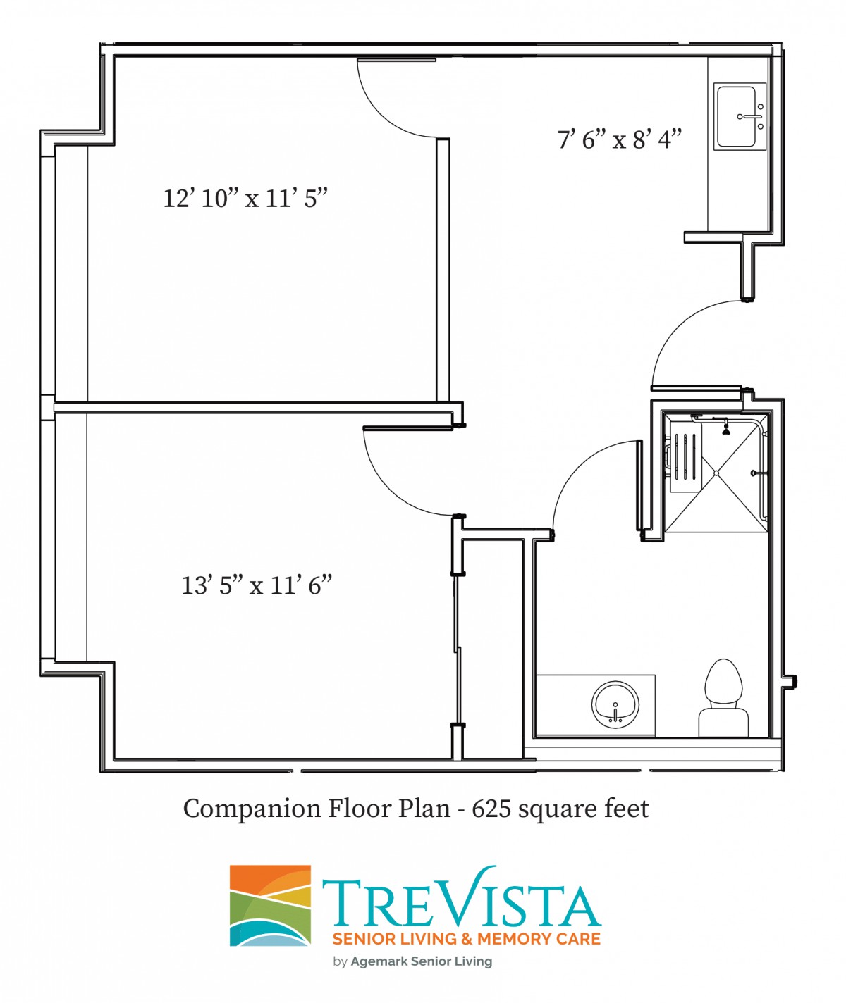 Floor plan of a 625 square foot apartment unit from TreVista.