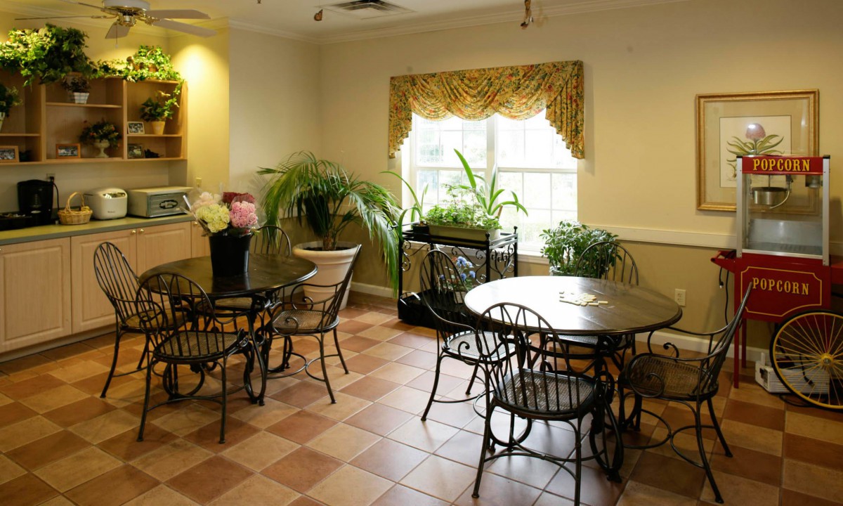 A cozy cafe seating area with plants and natural light.