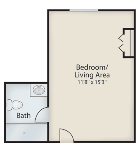 Floor plan of a studio apartment with bathroom and combined bedroom/living area.
