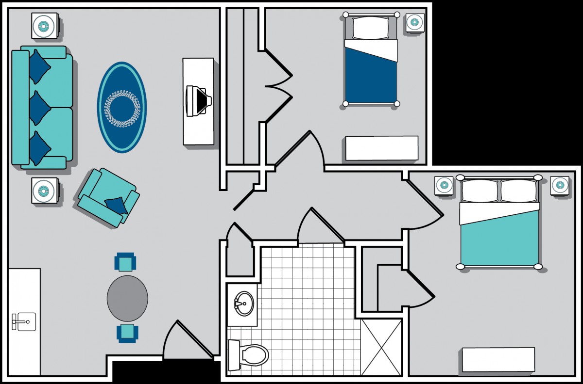 A floor plan of a two-bedroom apartment with a living room and bathroom.