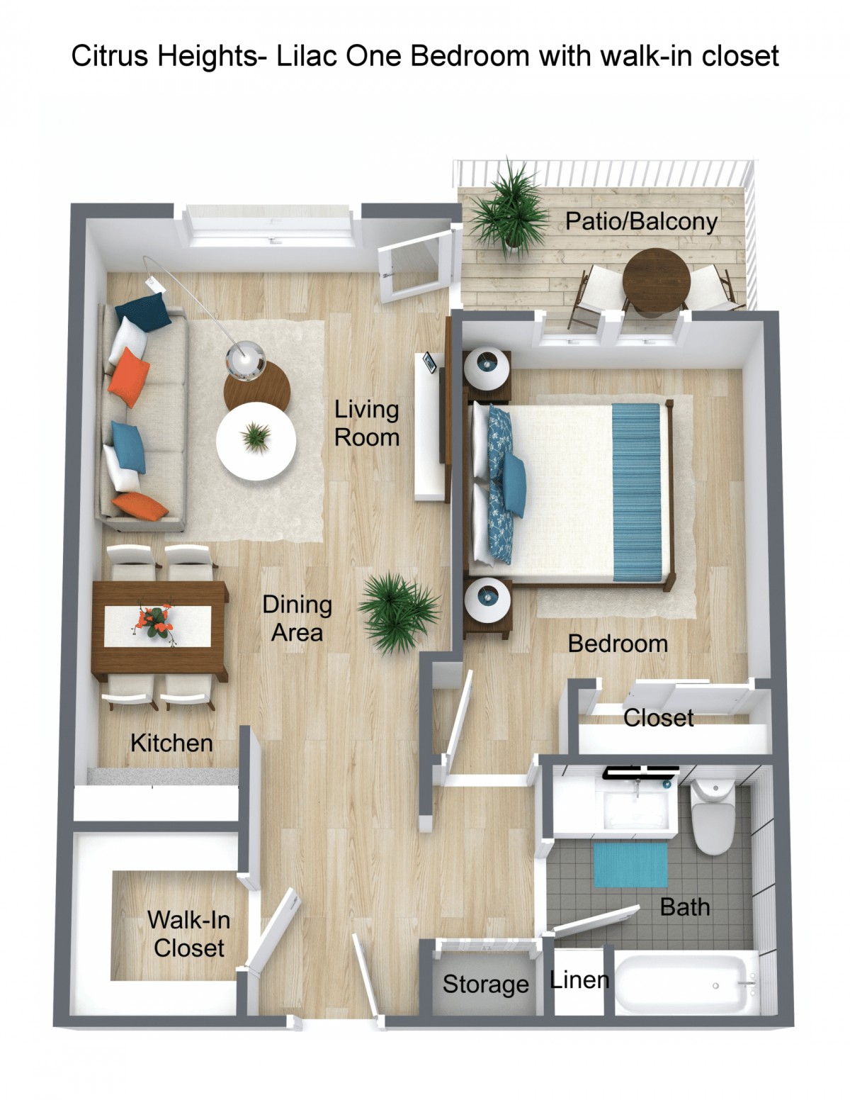 This image shows a floor plan for a one-bedroom apartment, including a living room, kitchen, dining area, bathroom, and patio/balcony.