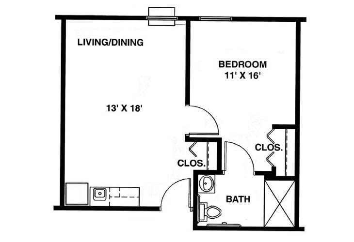 A floor plan of a one-bedroom apartment with living/dining area, kitchen, bathroom, and closets.