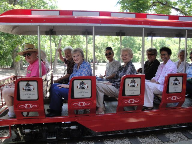 A group of people enjoying a train ride through a scenic outdoor setting.