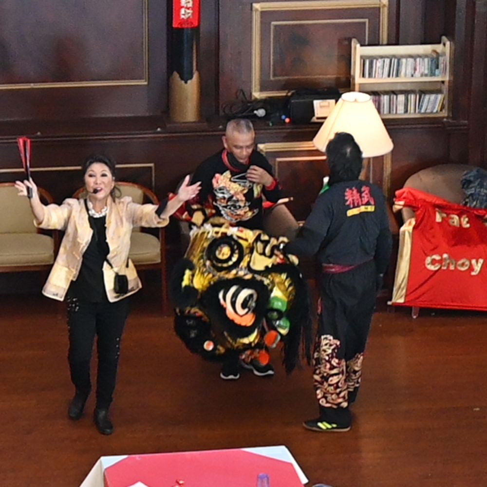 Performers engaging in a vibrant lion dance during a cultural celebration indoors.