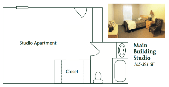 Studio apartment floor plan with a bathroom and closet layout.