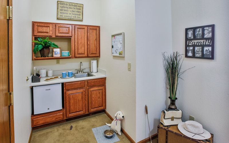 A cozy kitchen area with wooden cabinets, a sink, and a small dishwasher. Decorative items, including a plant and a dog sculpture, enhance the space.