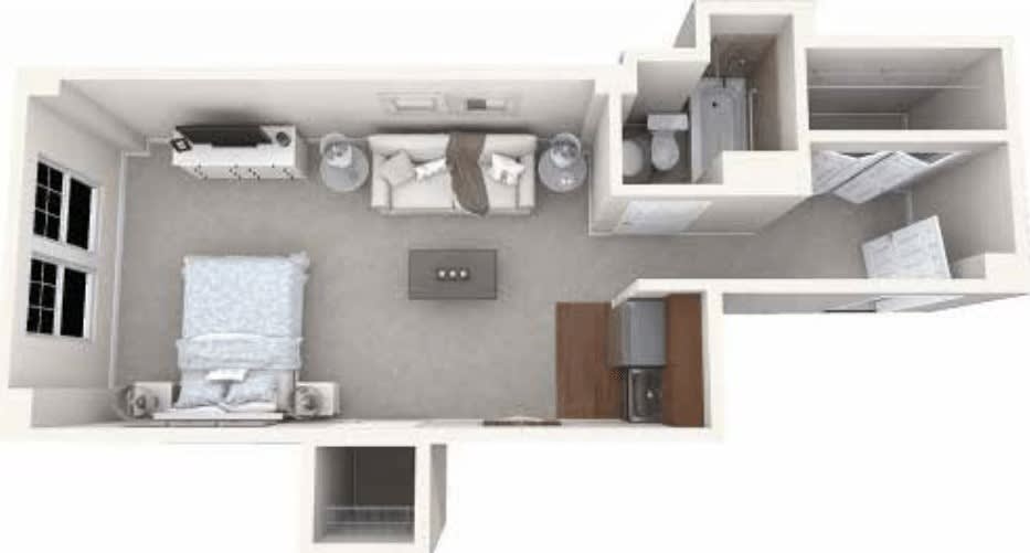 A floor plan of a one-bedroom apartment showing the layout and furniture arrangement.