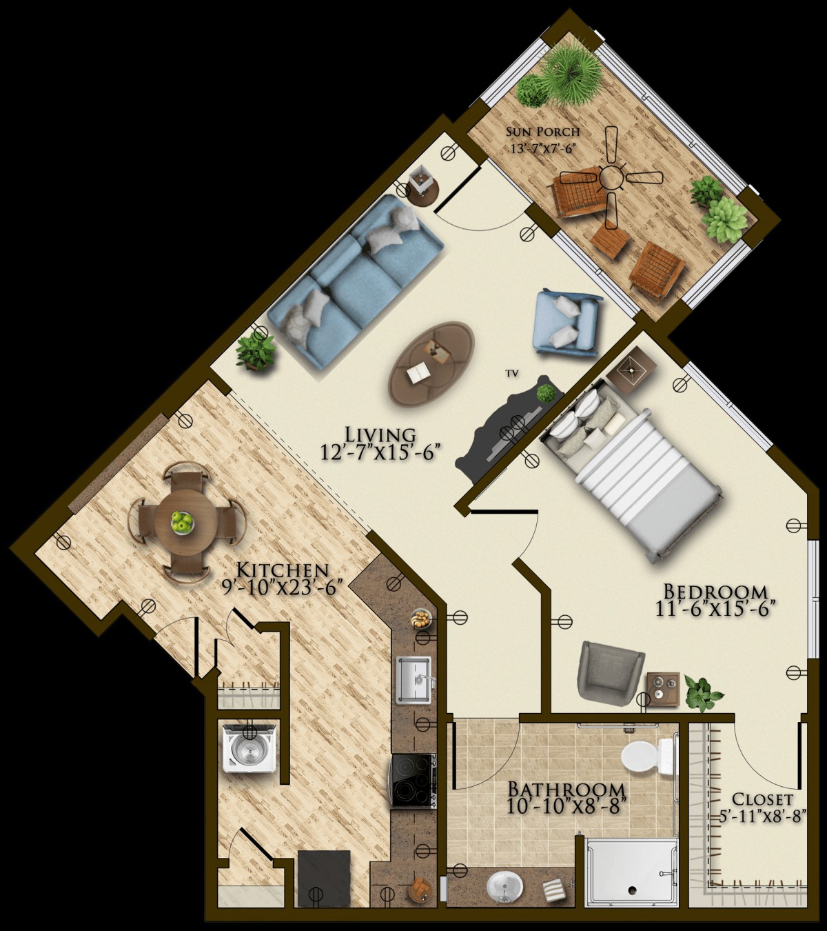 A detailed floor plan of an apartment featuring a living room, bedroom, kitchen, and bathroom.