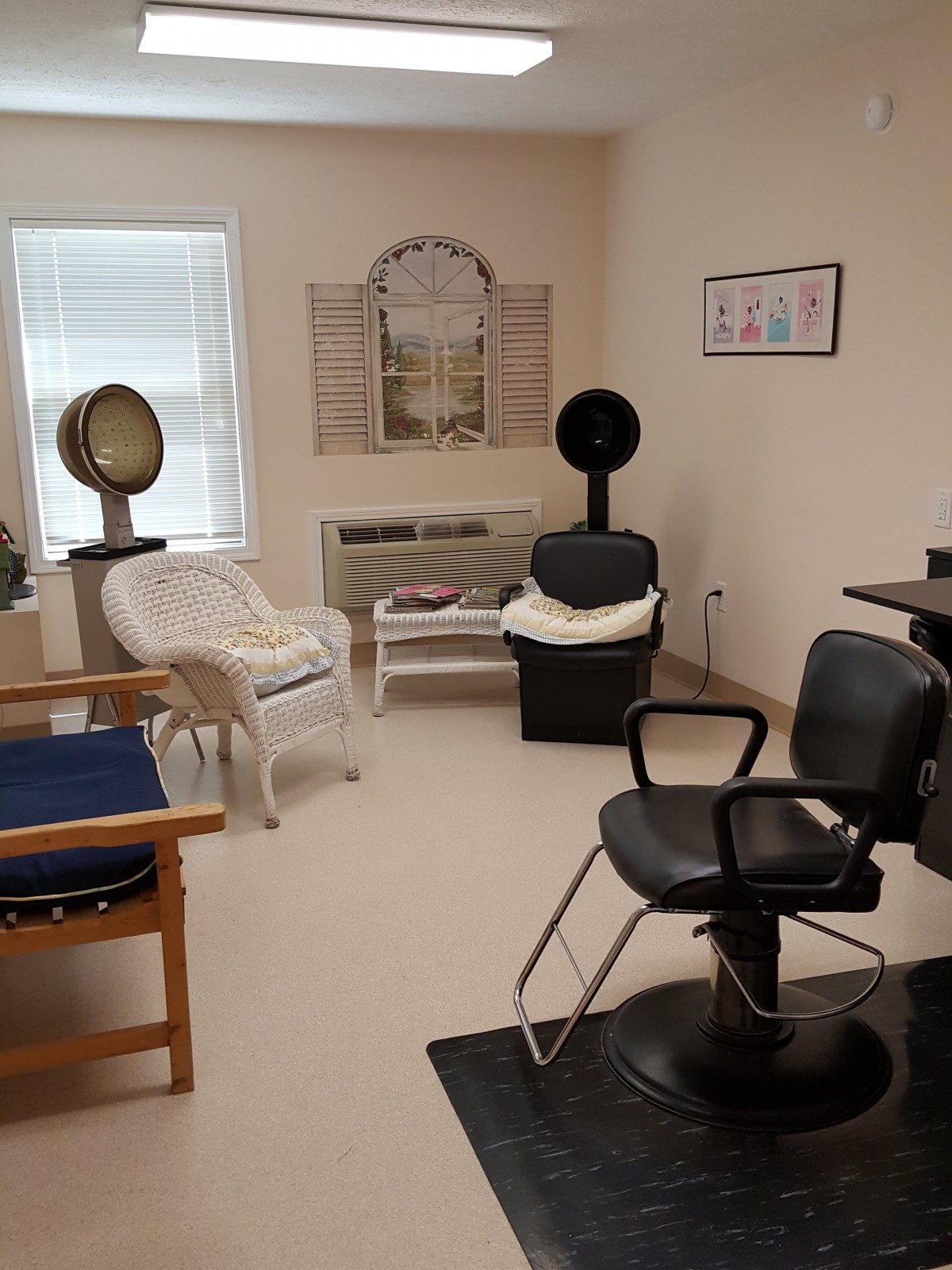 A cozy hair salon with chairs, mirrors, and hairdryers.