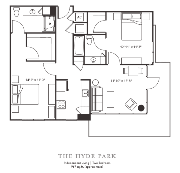 Floor plan of a two-bedroom apartment in The Hyde Park.