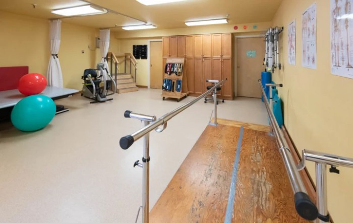 A rehabilitation room equipped with parallel bars and exercise equipment for physical therapy.