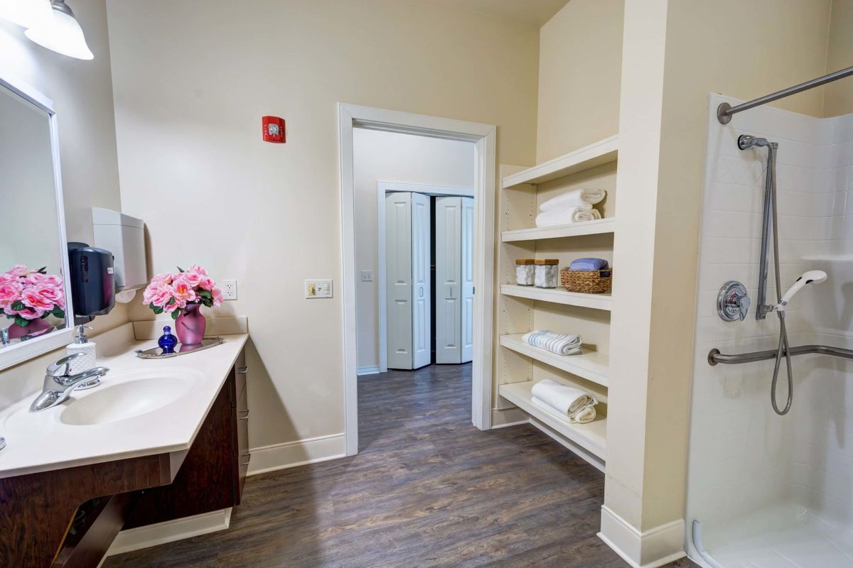 A well-organized bathroom with shelves, a sink, and decor.