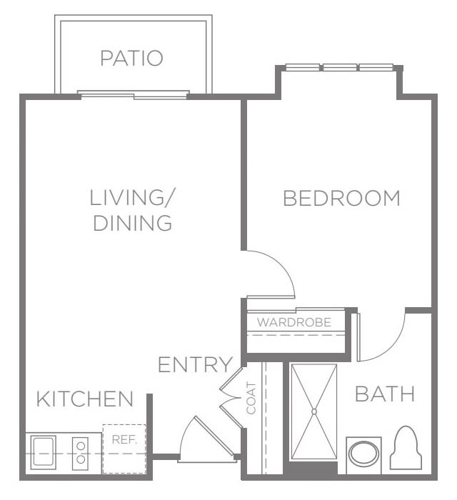 A one-bedroom apartment floor plan featuring a living/dining area, kitchen, bathroom, and patio.