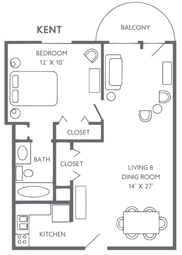 A floor plan of a one-bedroom apartment featuring a living/dining room, kitchen, bathroom, and closets.