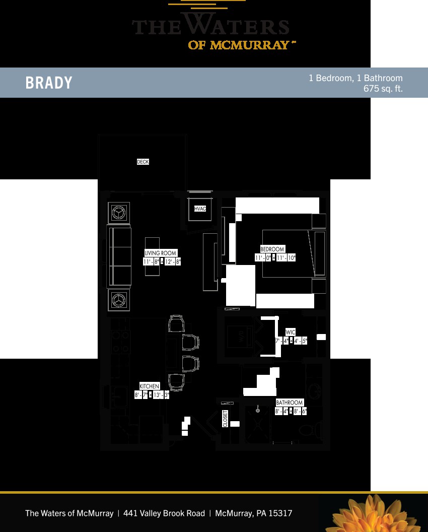 A detailed floor plan of a one-bedroom, two-bathroom apartment layout.