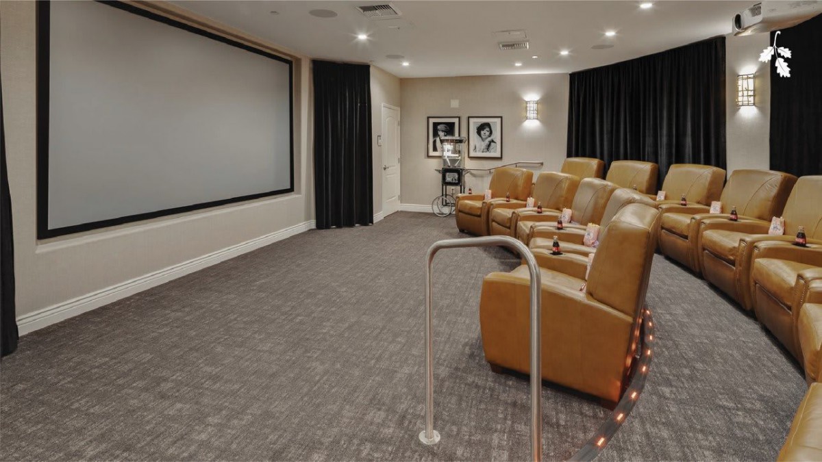 A cozy and modern home theater with comfortable seating and a large screen.