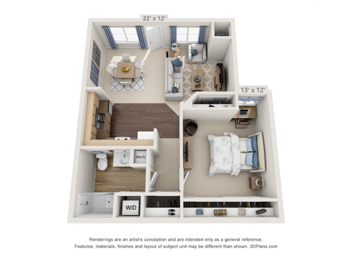 A 3D floor plan of a one-bedroom apartment featuring a kitchen, living area, bathroom, and bedroom.