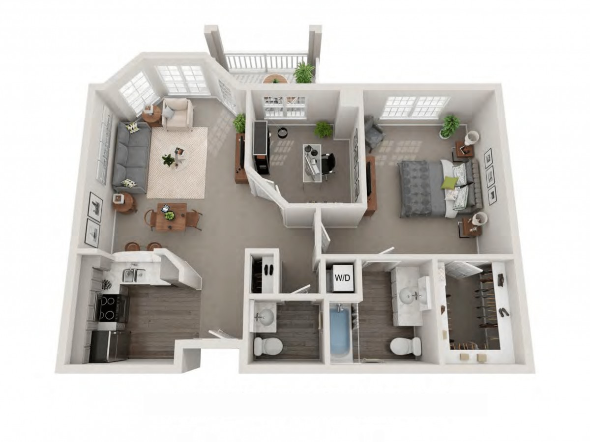 A detailed floor plan of an apartment with labeled rooms and furniture placement.