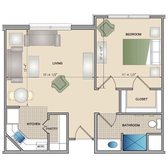 A floor plan layout of a small apartment with one bedroom, a living room, kitchen, and bathroom.