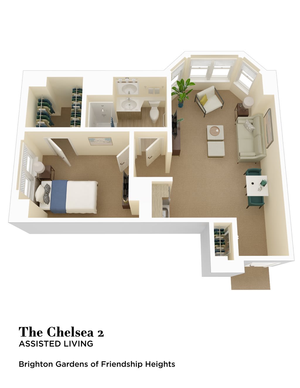 A 3D floor plan of a one-bedroom apartment featuring a living room, kitchen, and bathroom.