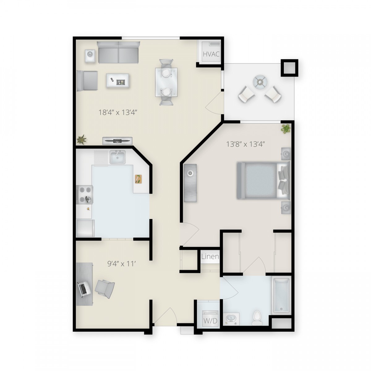 A floor plan of a two-bedroom apartment including a living room, kitchen, and bathroom.