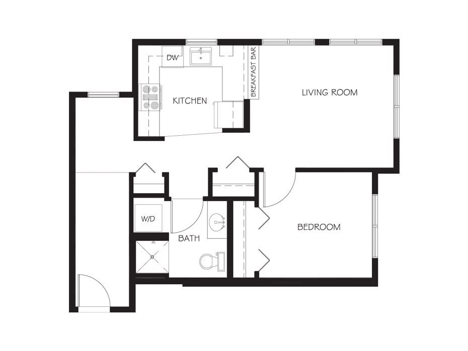 A floor plan of an apartment featuring a kitchen, living room, bedroom, and bathroom.
