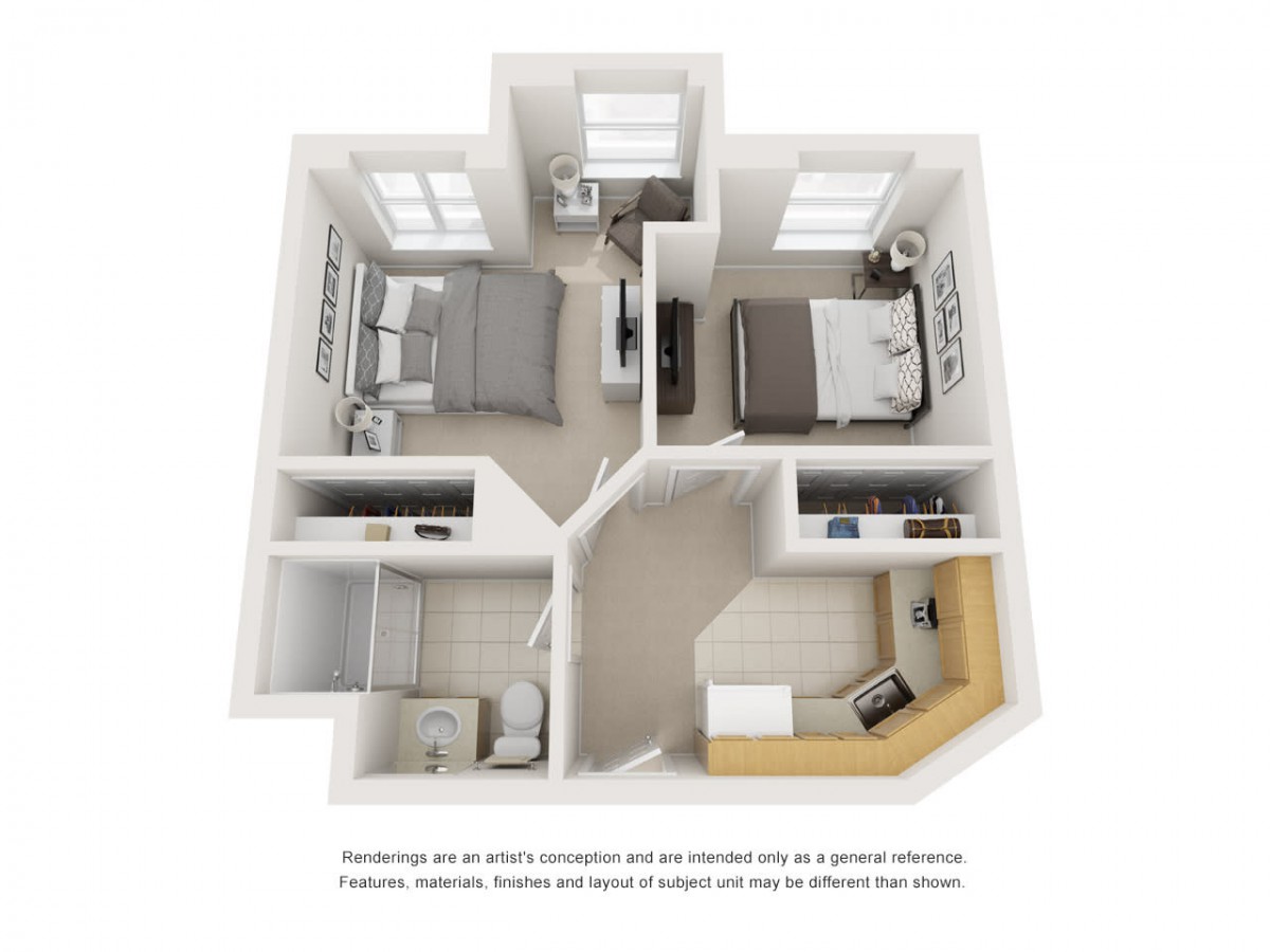 A 3D floor plan of a two-bedroom apartment, showcasing the arrangement of bedrooms, kitchen, and bathroom.