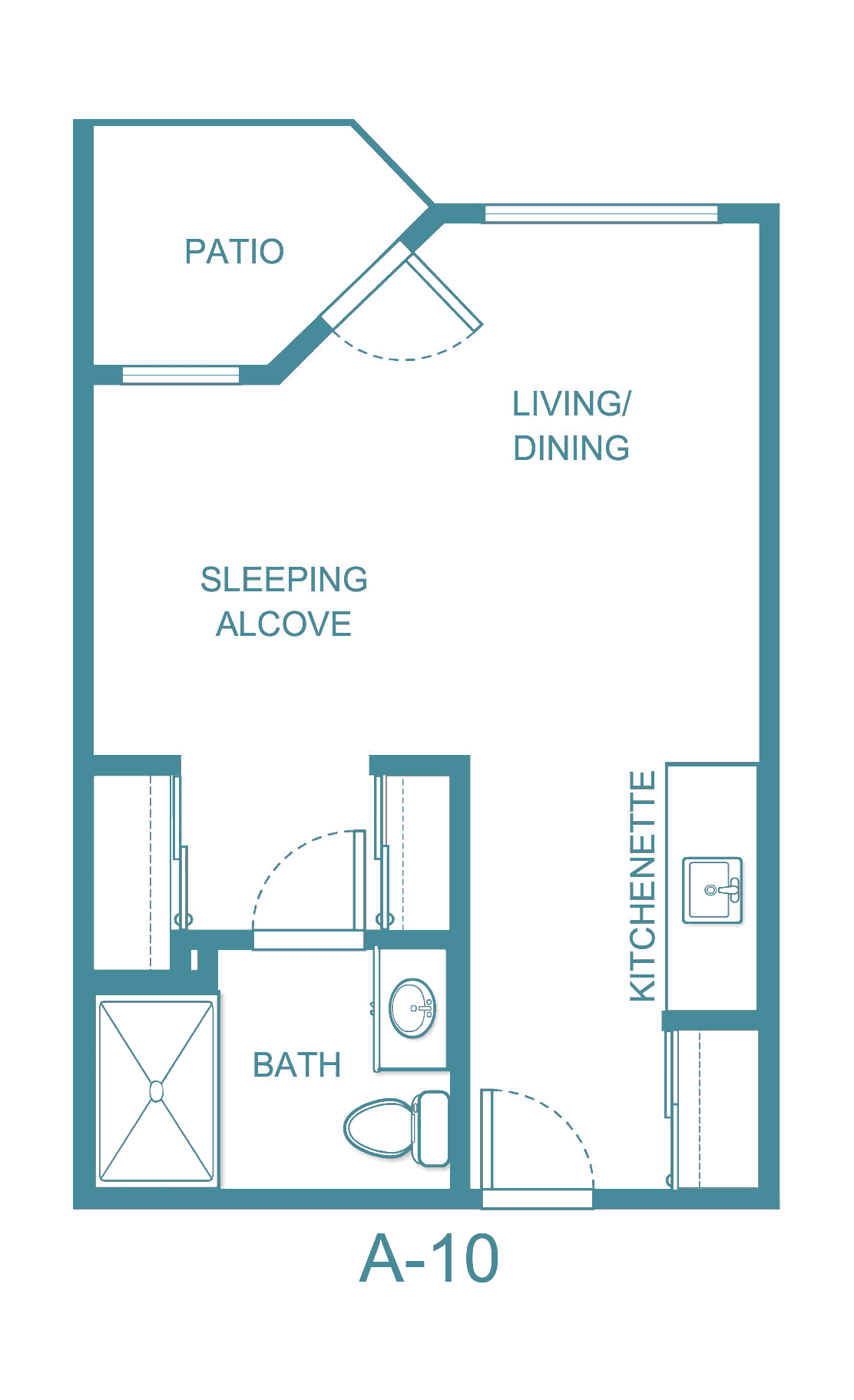 A floor plan of a studio apartment featuring a living/dining area, sleeping alcove, kitchenette, and bathroom.
