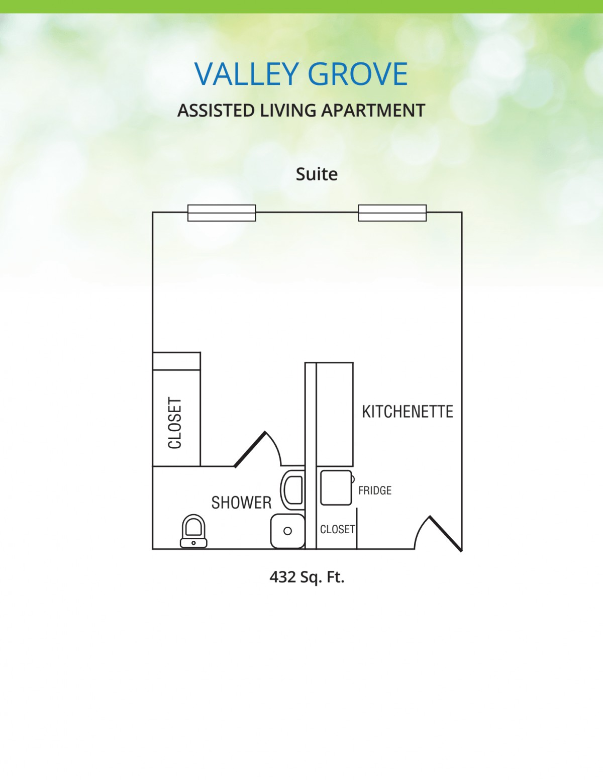 Floor plan of an assisted living apartment suite.