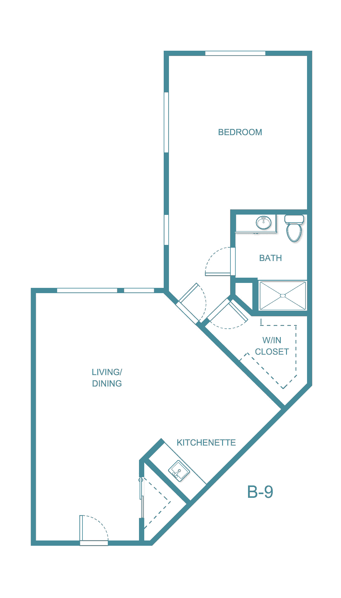 An apartment floor plan showing the layout of a living/dining area, kitchenette, bedroom, bathroom, and closet.