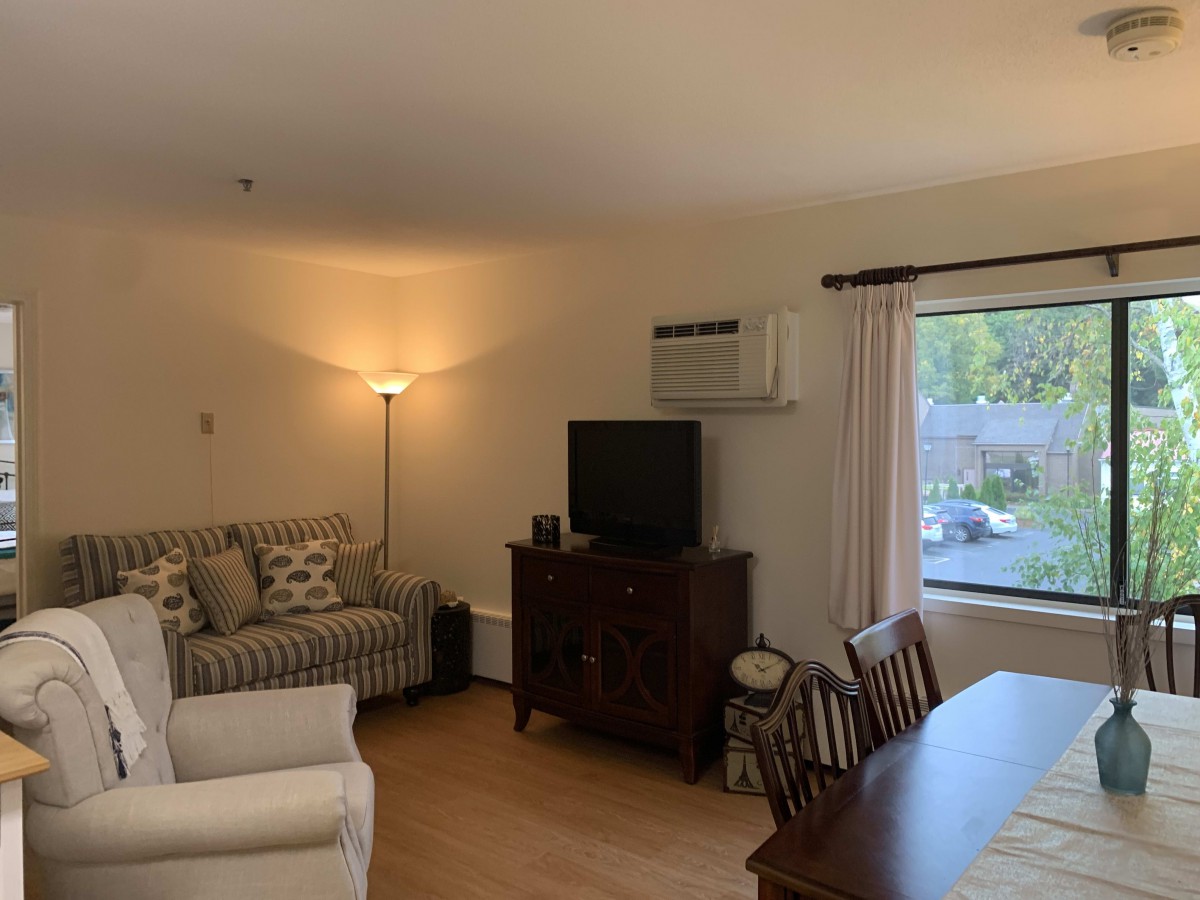 A cozy living room featuring a sofa, television, dining table, and floor lamp.