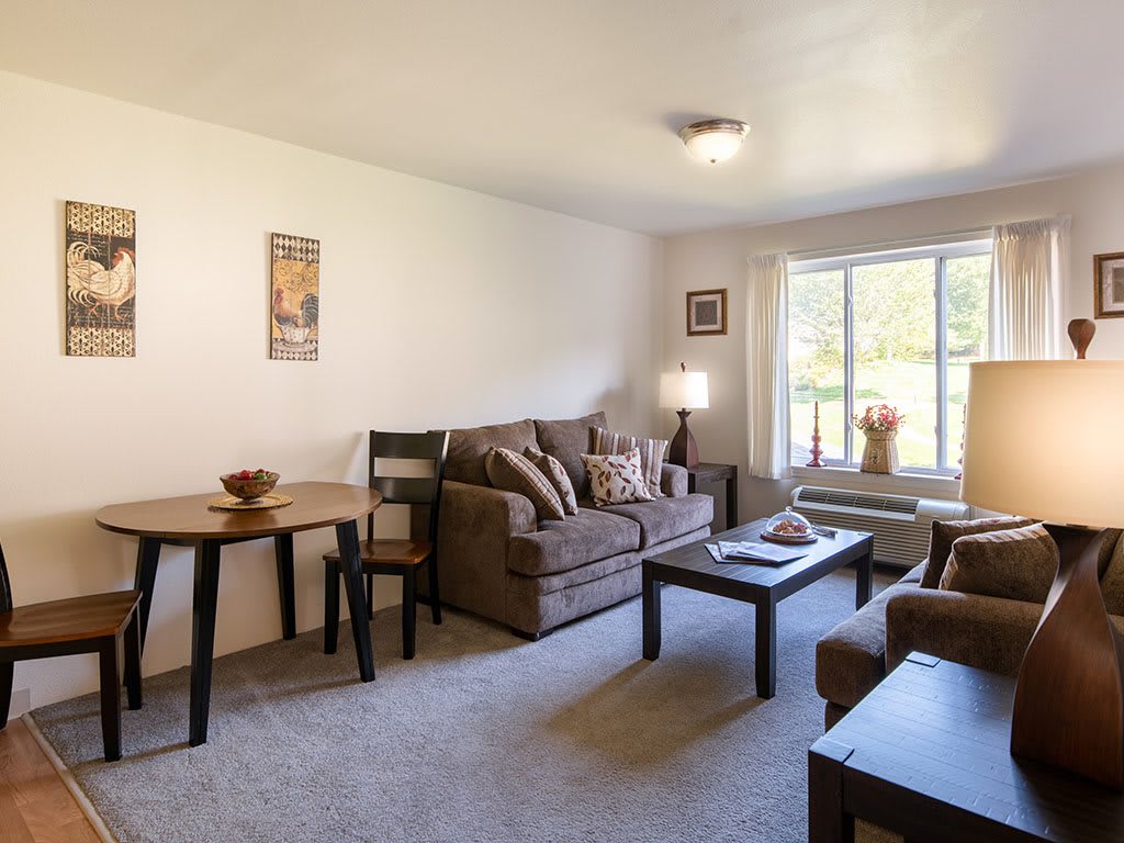 A cozy living room with a sofa, chairs, and a window allowing natural light.