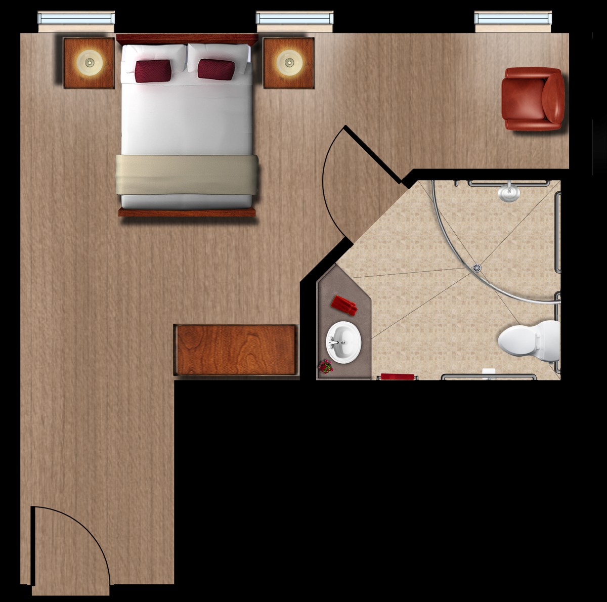 A simple floor plan featuring a bedroom with a bed and bedside tables, and an attached bathroom.