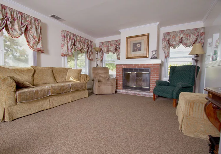 A cozy living room featuring a comfortable sofa, armchair, and a fireplace with decorative drapes framing the windows.