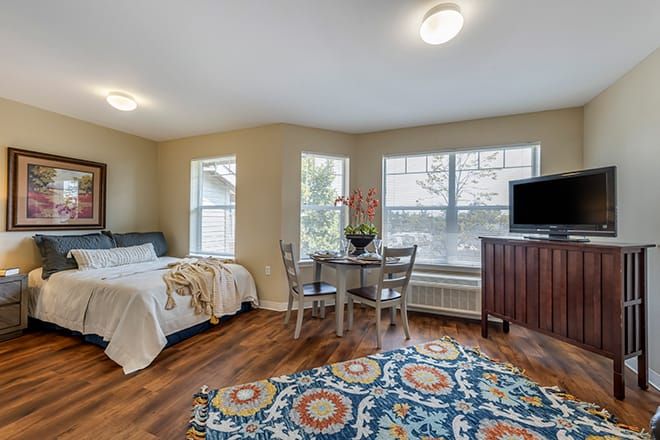 A cozy studio apartment featuring a bed, dining table, and television, with large windows and hardwood flooring.
