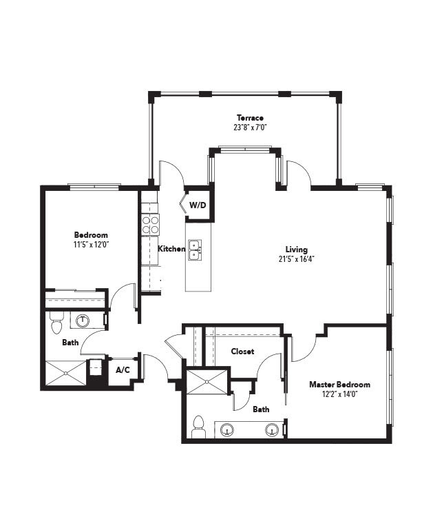 A floor plan of a two-bedroom apartment with labeled rooms and dimensions.