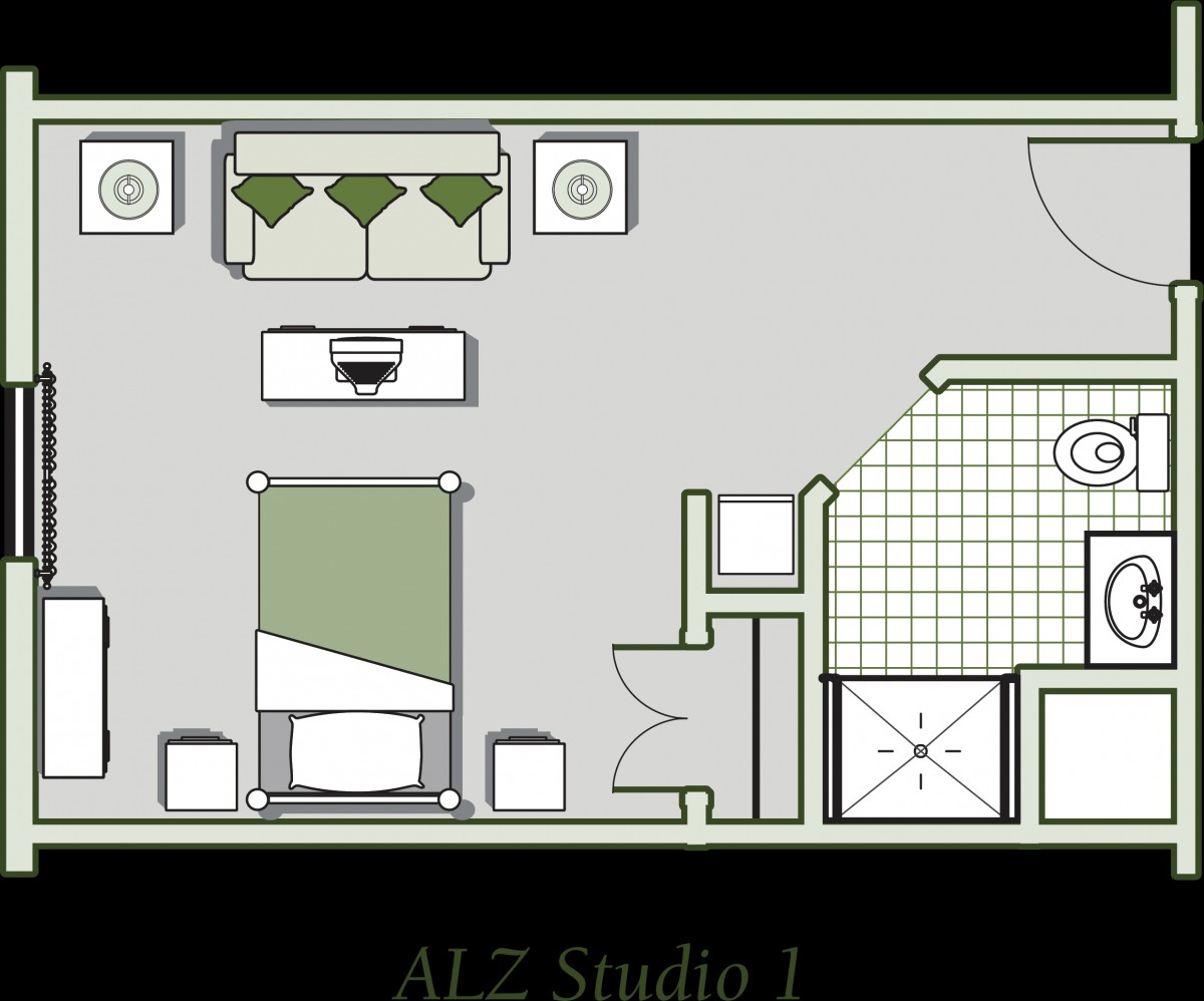 Floor plan of a studio apartment featuring a living area, bed, and bathroom.