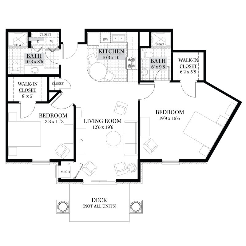 A detailed floor plan of a three-bedroom apartment with two bathrooms and a living room.