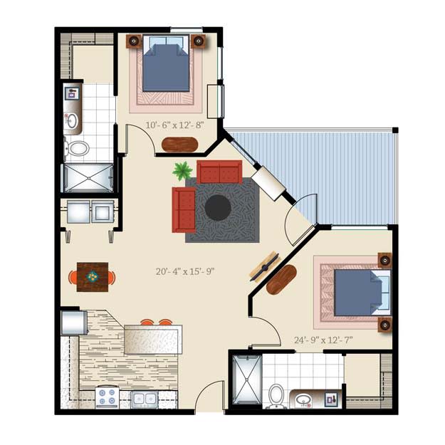 A floor plan of a two-bedroom apartment featuring a living room, kitchen, two bathrooms, and a balcony.