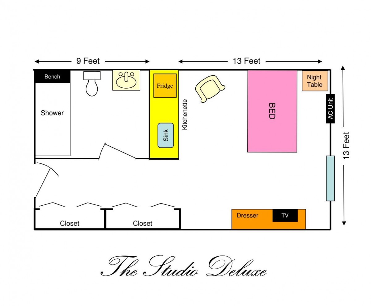 Floor plan of a studio deluxe apartment with labeled areas and furniture.