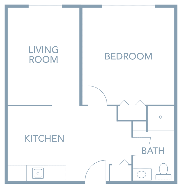 A simple one-bedroom apartment floor plan with a kitchen, living room, and bathroom.