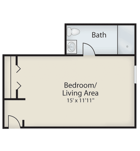 Floor plan of a studio apartment with a combined bedroom/living area and a separate bathroom.