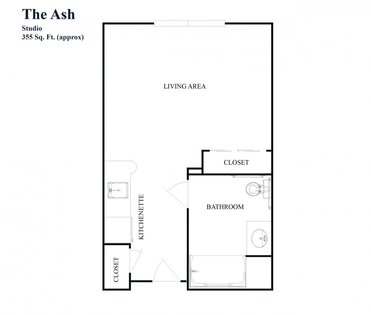 Studio apartment floor plan labeled 'The Ash' featuring a kitchen, living area, bathroom, and closet.