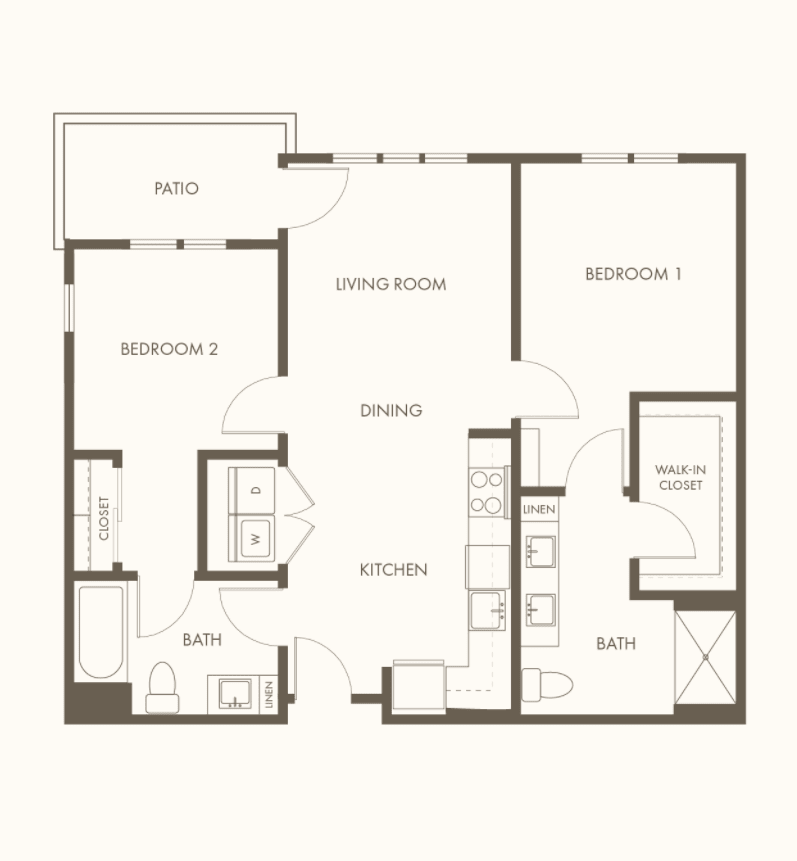 A floor plan of a two-bedroom apartment with a kitchen, living room, dining area, and patio.