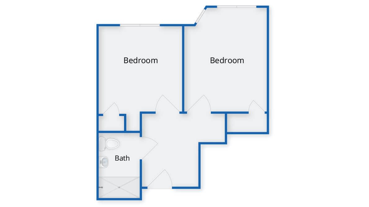 A simple two-bedroom apartment floor plan with a bathroom.