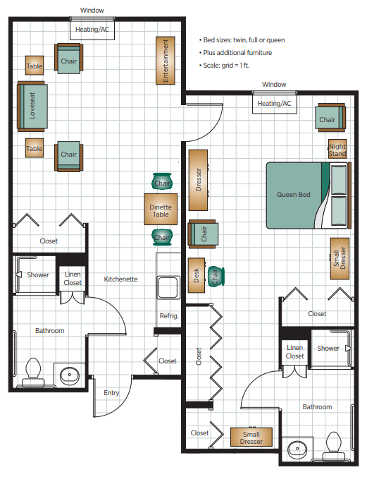 A detailed two-bedroom apartment floor plan showing the layout of rooms and furniture.