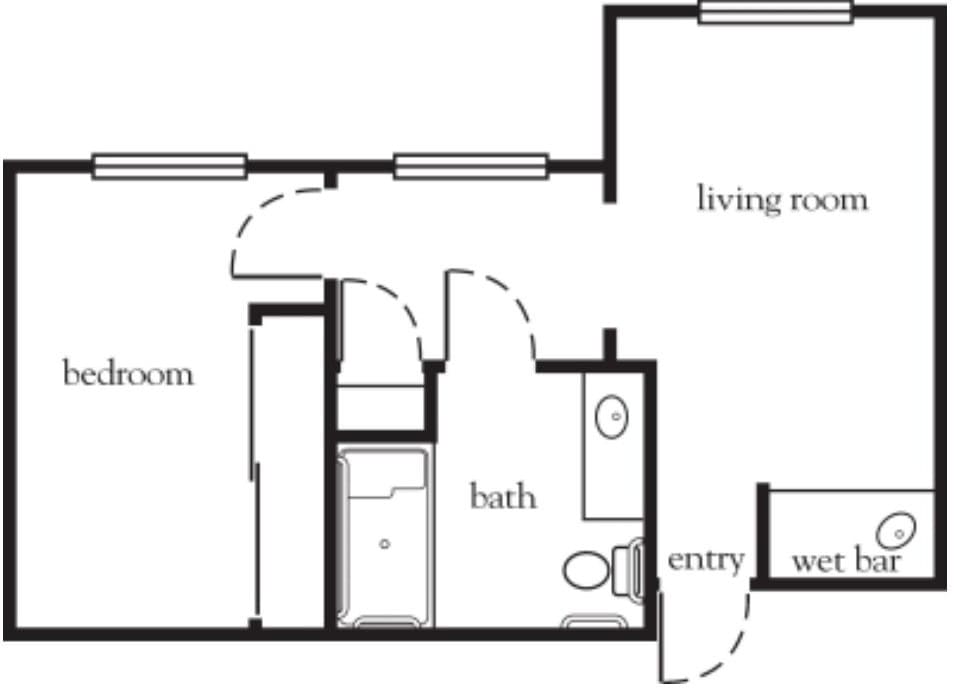 A simple floor plan of an apartment showing the arrangement of rooms.