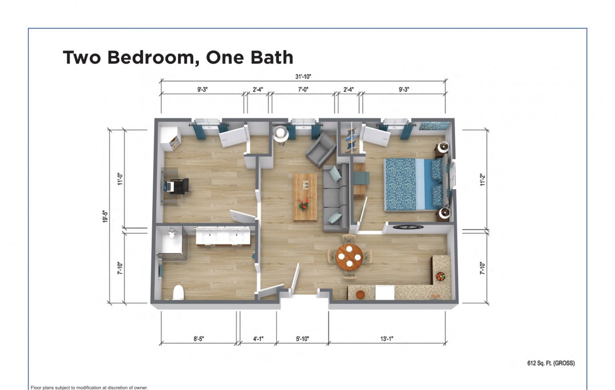 3D floor plan of a one-bedroom apartment with a bathroom, living area, and kitchen.