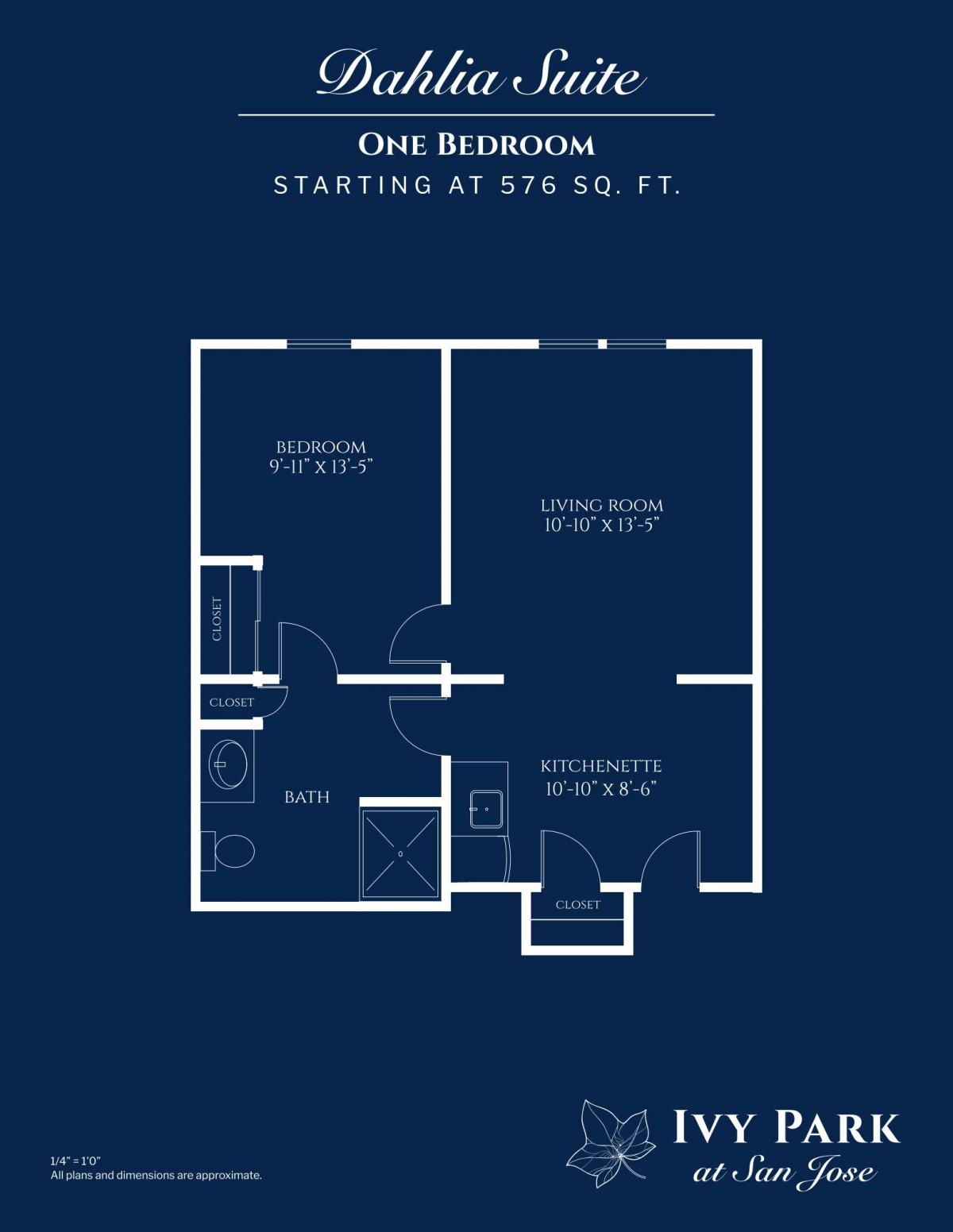 Floor plan of a one-bedroom apartment starting at 576 sq. ft.